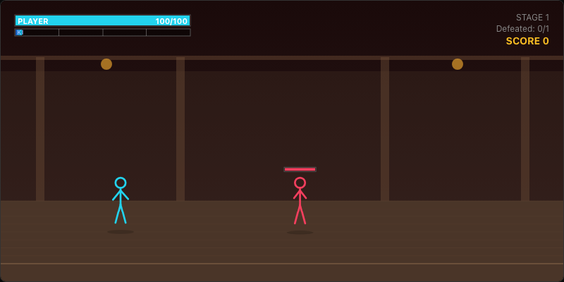 Stage 1 of Stickman Fighter — player faces a red stickman enemy in an arena