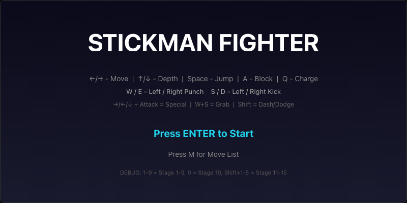 Stickman Fighter title screen showing the controls reference and 'Press ENTER to Start' prompt